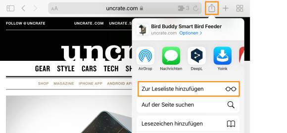 Der Screenshot zeigt, wie eine Website am iPad in der Leseliste gespeichert wird