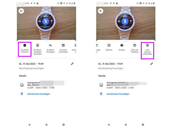 Screenshots aus der Google-Fotos-App 