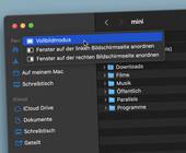 Der Screenshot zeigt ein Finder-Fenster, über dessen «Zoomen»-Knopf der Befehl «Vollbildmodus» angewählt wird
