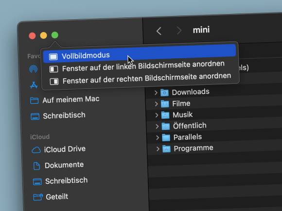 Der Screenshot zeigt ein Finder-Fenster, über dessen «Zoomen»-Knopf der Befehl «Vollbildmodus» angewählt wird 