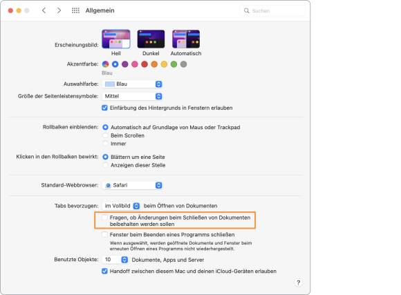 Der Screenshot zeigt die Option in den Systemeinstellungen, mit der die Fenster beim nächsten Programmstart wieder auf dieselbe Weise geöffnet werden