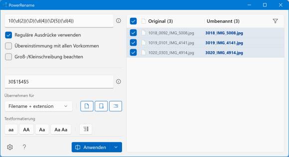 PowerRename mit der Vorschau und den Regulären Ausdrücken