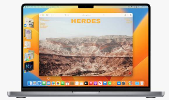 Der Screenshot zeigt das neue macOS; mehrere Fenster sind an der Seite als Stapel angeordnet