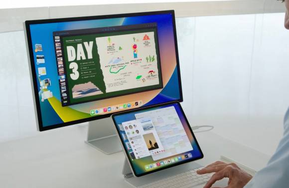 Ein externes Display wirkt nicht mehr wie ein Fremdkörper Das Foto zeigt ein iPad mit Tastatur, das über ein Kabel mit einem Display verbunden ist