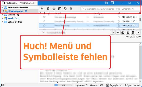 Screenshot zeigt Thunderbird ohne Symbol- und Menüleisten 