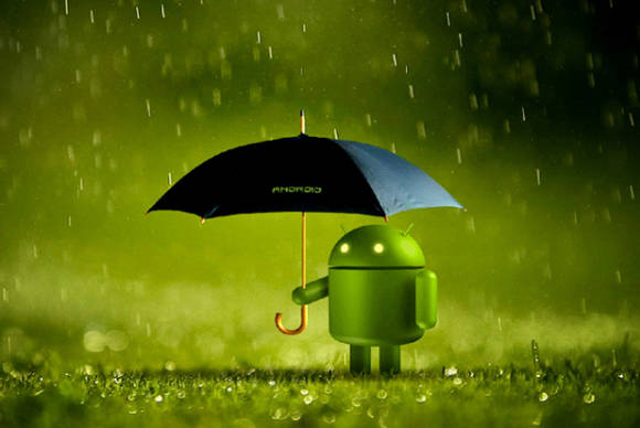 Symbolbild zeigt ein Android-Maskottchen mit Regenschirm 