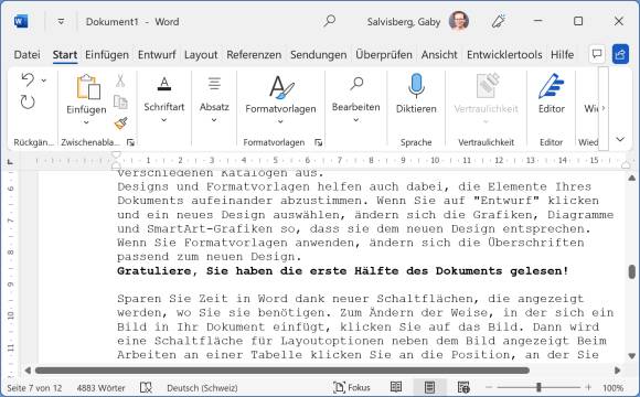 Word-Dokument enthält den Satz: Willkommen in der Mitte des Dokuments! 