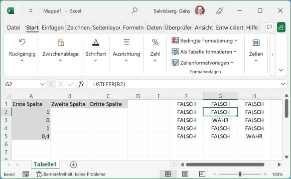 Excel-Tabelle mit teilweise grau gefärbten Zellen 