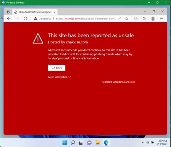 Screenshot Edge-Webbrowser mit Phishing-Warnung