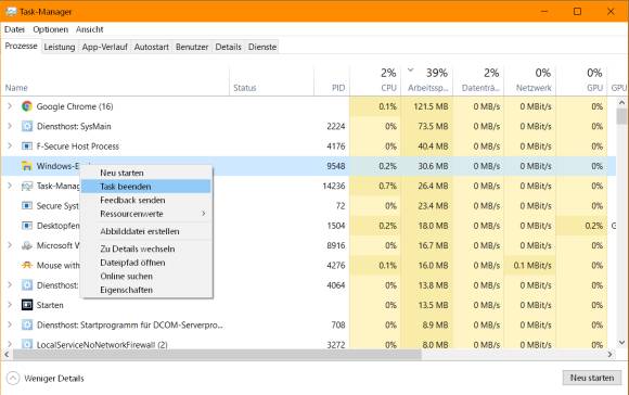 Der Task-Manager mit dem Kontextmenü beim Windows-Explorer