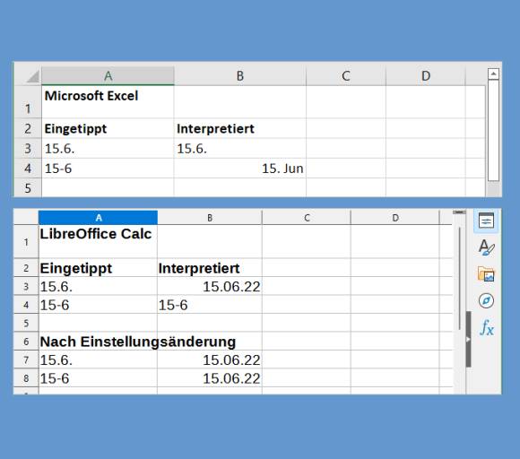 Vergleich zwischen Excel und Calc: Eingabe eines Kurzformats, und wie die Anwendungen es interpretieren 