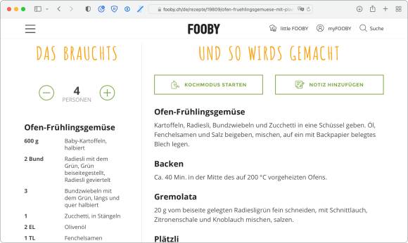 Der Screenshot zeigt eine Website mit einem Kochrezept
