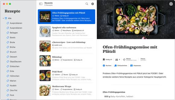 Der Screenshot zeigt, wie das Rezept in die Datenbank von Mela übernommen wurde