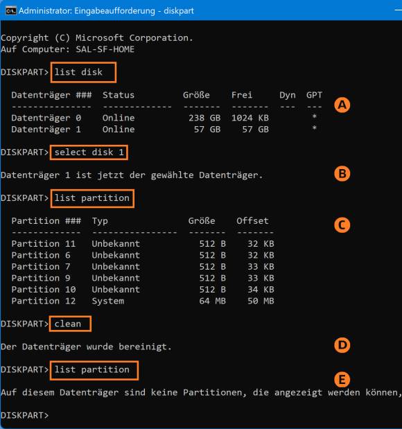 Screenshot diskpart in der Eingabeaufforderung