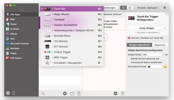 BetterTouchTool bringt jedem Gerät neue Tricks bei; das gilt auch für die Touch Bar Der Screenshot zeigt die Software BetterTouchTool mit der Unterstützung für verschiedene Geräte
