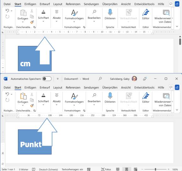 Zwei Word-Fenster, einmal mit Zentimeter- und einmal mit Punkt-Skala 