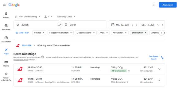 Emissionsinfos zu Flügen via Google Flight