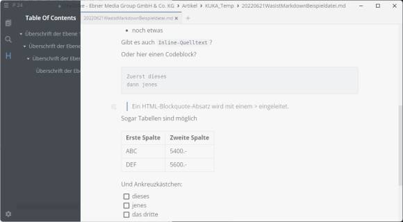 Beispiele für Inline-Quelltext, Code-Block, Blockquote, Tabelle und Ankreuzkästchen