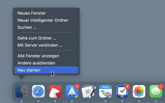 Der Screenshot zeigt das Dock-Symbol des Finders mit dem Befehl «Neu starten»