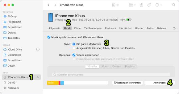 Der Screenshot zeigt das mit dem Mac verbundene iPhone mit den Einstellungen zur Synchronisierung