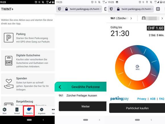 App-Screenshots Twint Parkplatz bezahlen