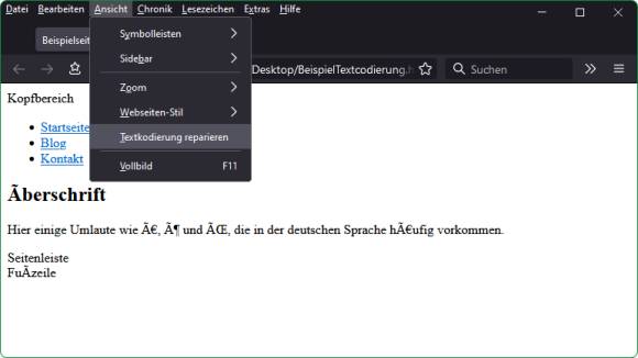 Das Menü mit dem Punkt Textkodierung reparieren
