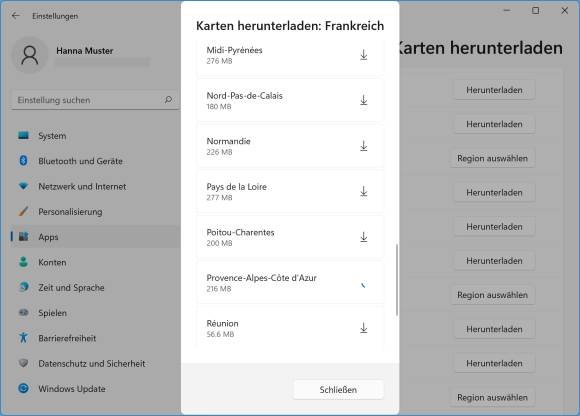 Die herunterladbaren Regionen, hier zum Beispiel für Frankreich