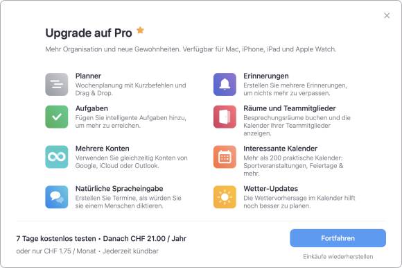 Der Screenshot zeigt, welche Funktionen beim Abschluss eines Abos freigeschaltet werden