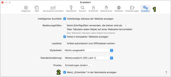 Der Screenshot zeigt in den Einstellungen von Safari, wo das «Entwickler»-Menü eingeblendet wird