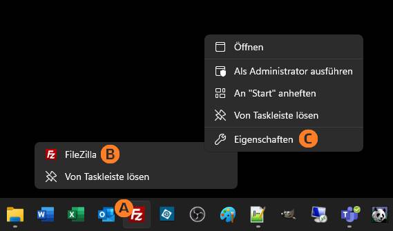 Erst beim Rechtsklick im kleinen Flyout (oder Pop-up) finden Sie die Eigenschaften Screenshot der Kontextmenüs einer an der Taskleiste angehefteten Anwendung