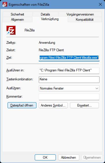 Via «Dateipfad öffnen» gehts direkt zum Programmordner Ein Eigenschaften-Fenster mit der Schaltfläche "Dateipfad öffnen"