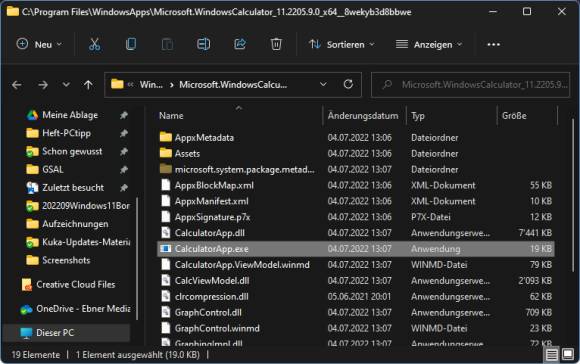 Ein Explorerfenster zeigt den Programmordner der Windows-App Taschenrechner 