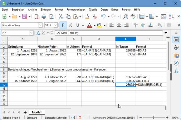 Die Berechnung in LibreOffice Calc