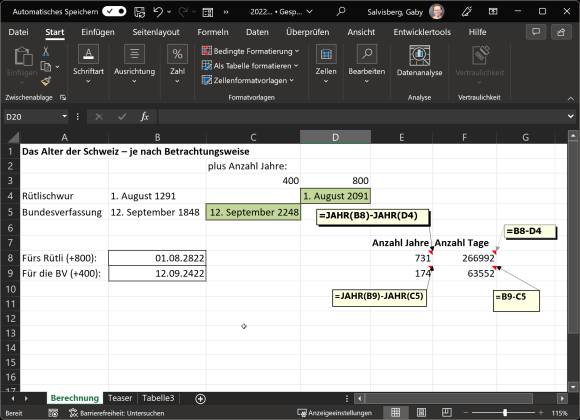 Screenshot der beschriebenen Berechnungen in Excel