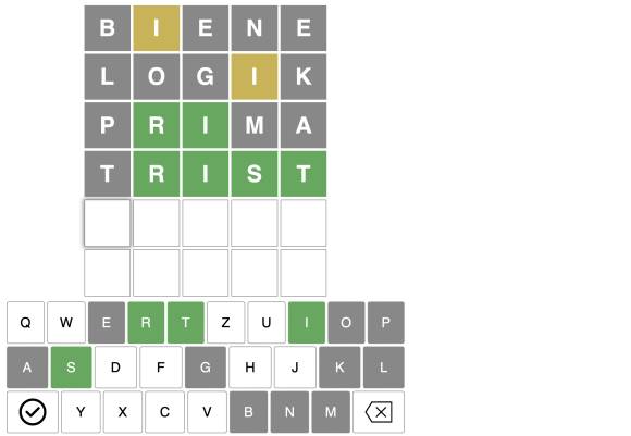 Der Screenshot zeigt ein teilweise ausgefülltes Wordl mit der virtuellen Tastatur für die Eingabe