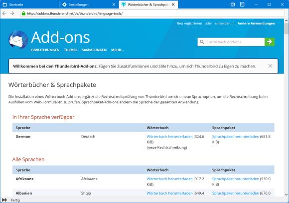 Screenshot des Add-on-Tabs mit dem vorgeschlagenen Deutsch-Wörterbuch