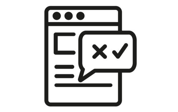 Piktogramm mit Webformular und Dialogbox mit X und Häkchen 