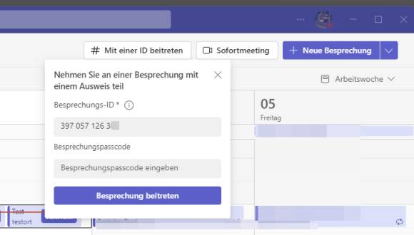 Teams-Screenshot, mit Option Meeting per ID beitreten 