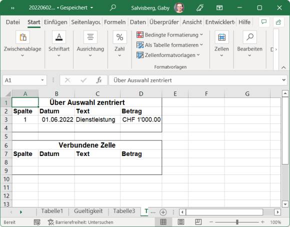Excel-Tabellen mit Überschrift, einmal mit und einmal ohne verbundene Zellen 