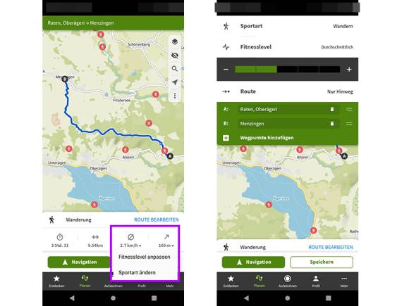 Zwei Komoot-App-Screenshots auf einem Android-Gerät 
