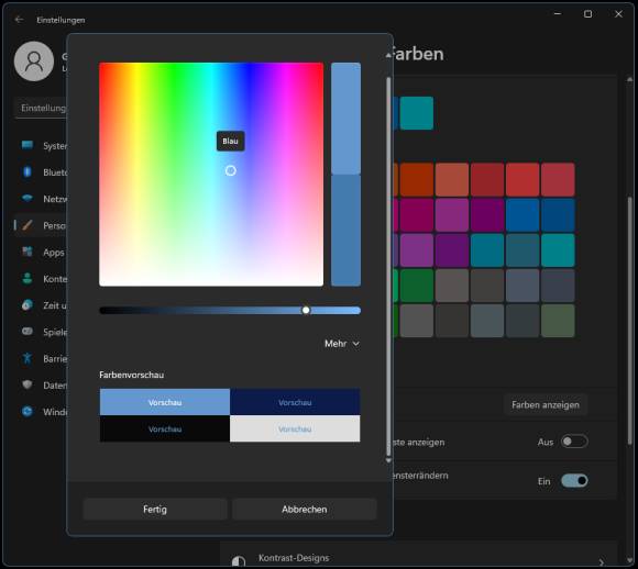 Screenshot der Farbauswahl in den Personalisierungseinstellungen 