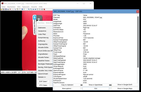 Detailinfos zum Bild in IrfanView, darunter die Buttons zum Öffnen der Koordinaten in OpenStreetMap oder Google Maps