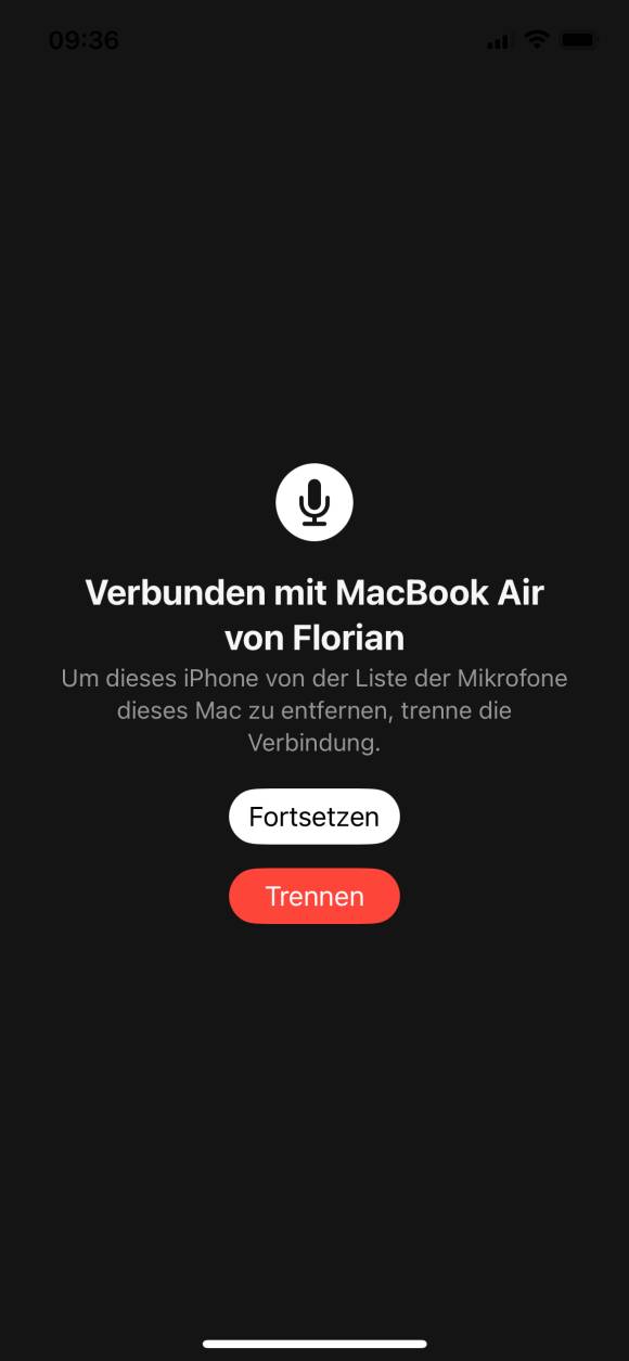 Screenshot zeigt: iPhone ist als Mikrofon mit dem Mac verbunden