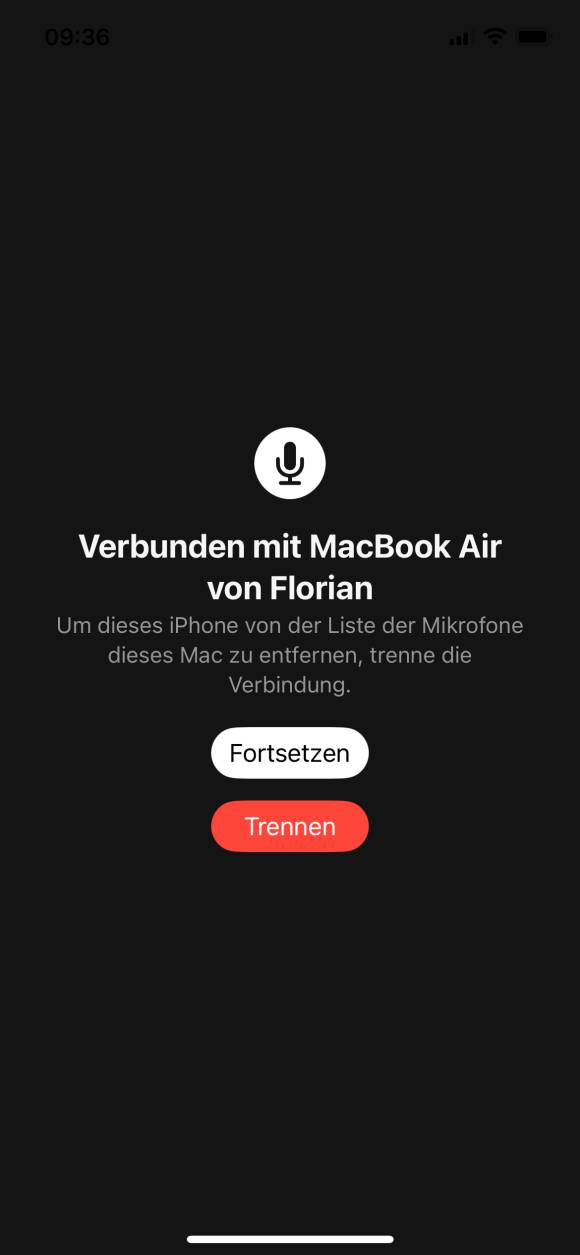 Screenshot zeigt: iPhone ist als Mikrofon mit dem Mac verbunden