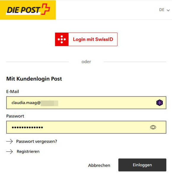 Screenshot Post.ch-Kundenlogin 