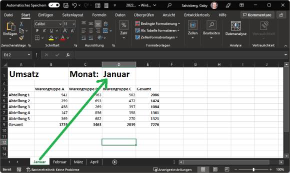 Excel-Arbeitsblatt mit Zelle, in welcher der Blattname steht 