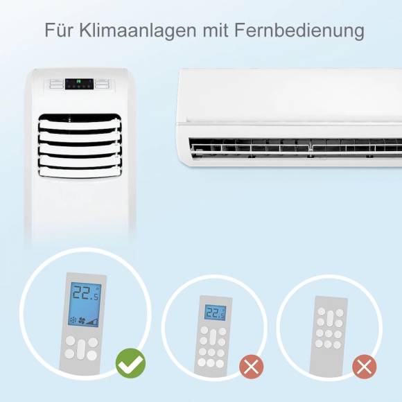 Die Grafik zeigt die Klimaanlage; darunter werden drei Fernbedienungen gezeigt um zu verdeutlichen, welche Modelle funktionieren