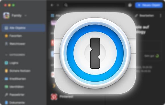 Im Hintergrund ist unscharf die Oberfläche der Software 1Password zu sehen; im Vordergrund steht das Programmsymbol 