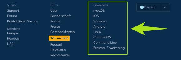 Der Screenshot zeigt einen Ausschnitt der Website des Herstellers, wo alle Download-Links aufgeführt sind