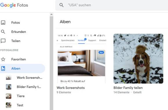 Google-Fotos mit verschiedenen Alben